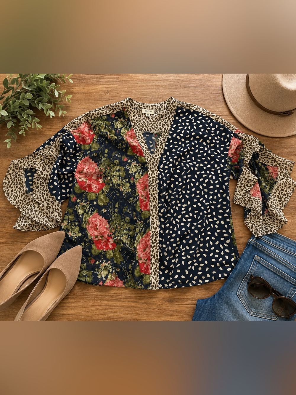 Umgee Mixed Print Boho Kimono Top Med | Floral Leopard Ruffle Sleeve Cardigan (V
